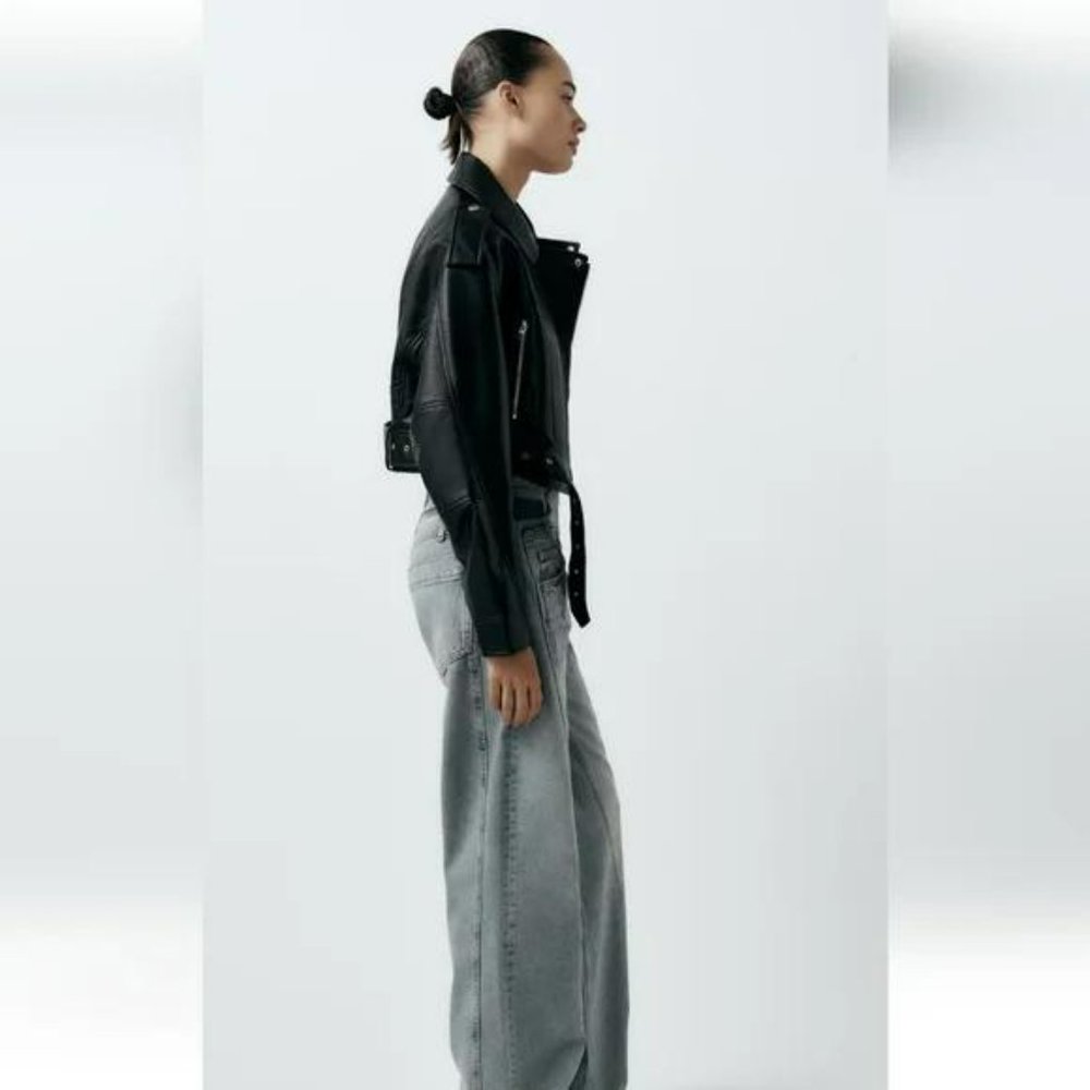 ZARA FAUX LEATHER CROP BIKER JACKET - Picture 6 of 10